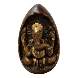 Vintage Oval Egg Shape Wood Relief Carved Ganesha Meditation Figure For Sale