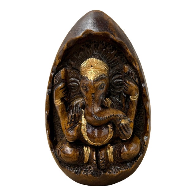 Vintage Oval Egg Shape Wood Relief Carved Ganesha Meditation Figure For Sale