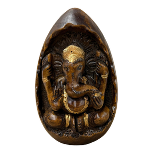 Vintage Oval Egg Shape Wood Relief Carved Ganesha Meditation Figure