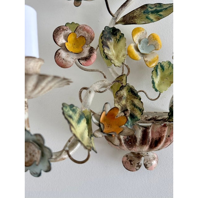 Blue Vintage Florentine Style 2-Light Floral Tole Wall Sconces in Hand-Painted Polychrome Metal, 1960s, Set of 2 For Sale - Image 8 of 18