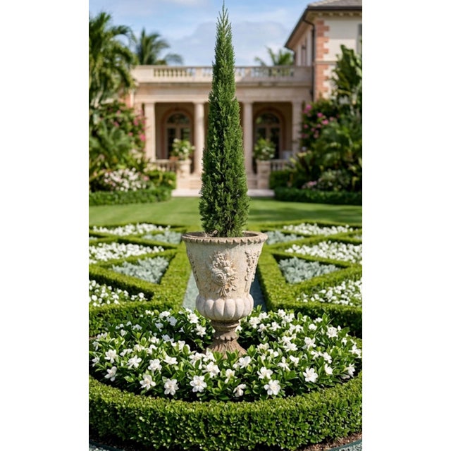 Oyster Gray Vintage French Style Cast Stone Floral Relief Garden Urn For Sale - Image 8 of 8