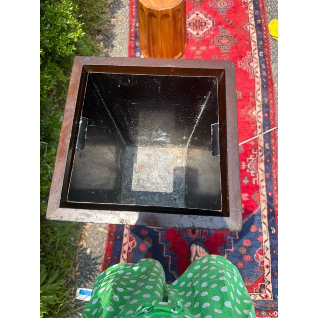 English Vintage English Lion Head Wood and Brass Wastebasket/Planter For Sale - Image 3 of 8