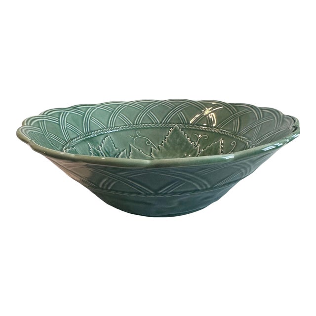 Bordallo Pinheiro Majolica Large Serving Bowl With Basket Weave and Strawberry Leaf Motif For Sale