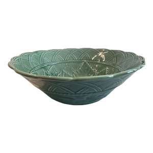 Bordallo Pinheiro Majolica Large Serving Bowl With Basket Weave and Strawberry Leaf Motif