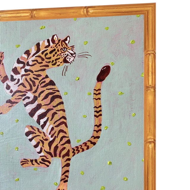 A captivating and spirited original painting featuring a leaping tiger set against a soft mint green background,...