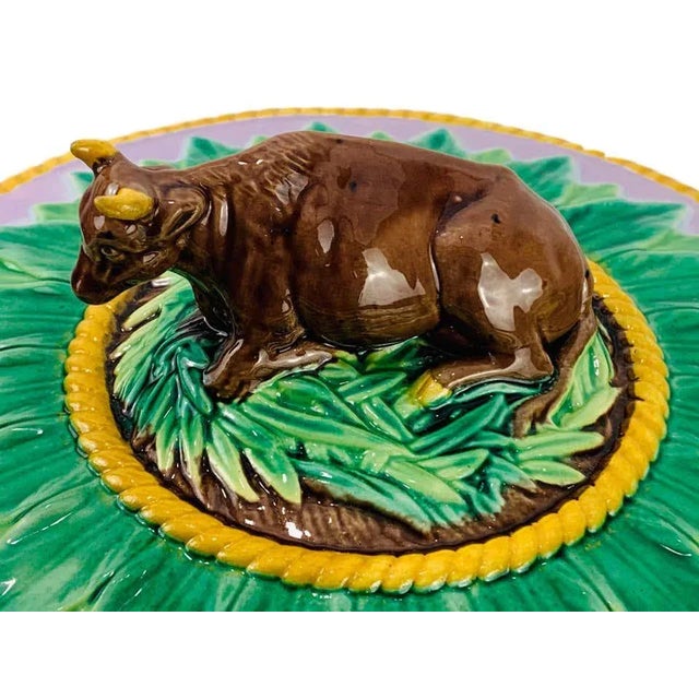 19th Century George Jones Majolica Cow Cheese Dome and Stand, Pink Ground, English 1873 For Sale - Image 5 of 13