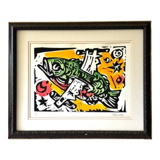 1980s Original Charlie Hewitt Woodblock Print - "Spirit Fish" For Sale