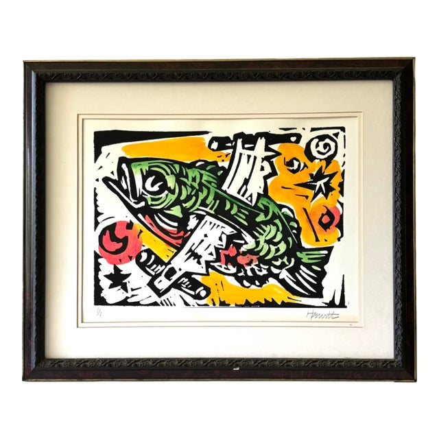1980s Original Charlie Hewitt Woodblock Print - "Spirit Fish" For Sale