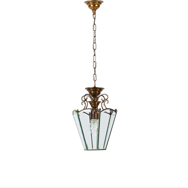 Italian Brass and Beveled Glass Hexagonal Chandelier in the style of Adolf Loos, 1950s For Sale - Image 16 of 18