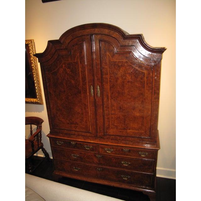 Incredible George I burl walnut bureau bookcase with satinwood feather banding, circa 1720.