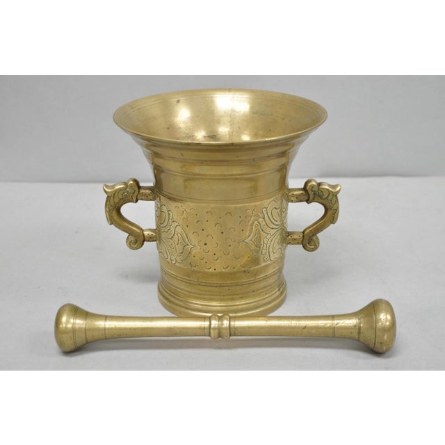 Vintage Primitive Solid Brass Mortar & Pestle Apothecary Medicine Herb Grinder with Dolphin Handles. Circa Early 20th...
