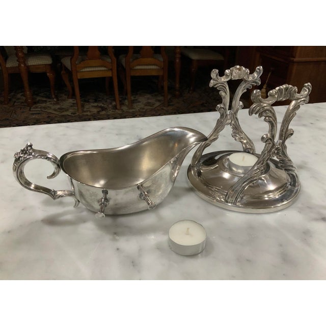 Mid 20th Century F. B. Rogers Silver‑Plated Butter, Sauce or Gravy Warmer on Ornate Stand - Regency Dining, Holiday Dining, Entertaining, Thanksgiving - See Pics! For Sale - Image 5 of 9