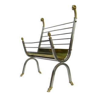 Vintage C.1970's Italian Maison Jansen Polished Brass and Satin Nickel Ram Head & Hoofed Magazine Rack/Holder For Sale