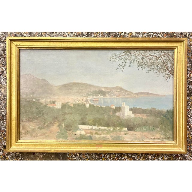 Oil on canvas “Vue de Nice French Riviera” Signed Tchiquine Desboutin 1897 This painting represents the city of Nice in...