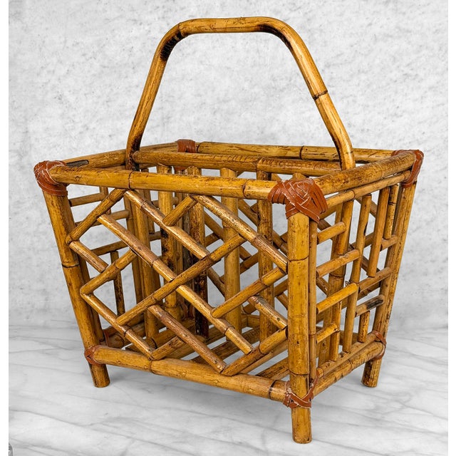 1970s Vintage Coastal Rattan Chinoiserie Rattan Record Holder Magazine Rack For Sale - Image 5 of 10