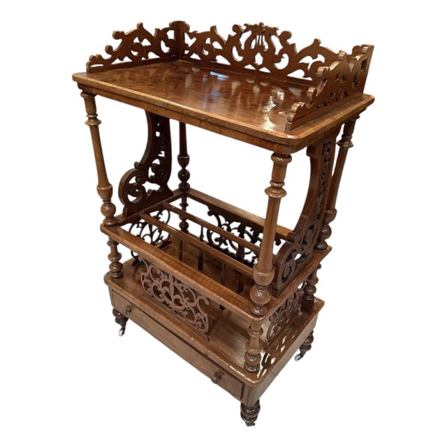 Late 19th Century Victorian Burr Walnut Canterbury / Sheet Music What-Not on Castors — Rich Figured Veneer For Sale