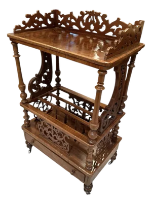 Late 19th Century Victorian Burr Walnut Canterbury / Sheet Music What-Not on Castors — Rich Figured Veneer