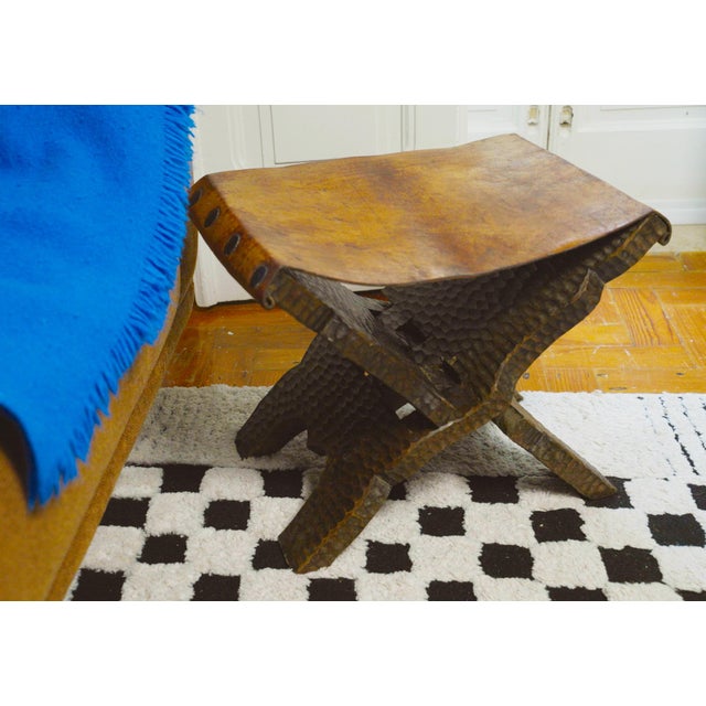 Brutalist Folding Stool in Leather, 1950s For Sale - Image 3 of 18