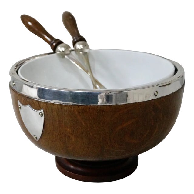 Victorian Oak & Silver-Plated Salad Bowl with Spoons, 1890s, Set of 3 For Sale