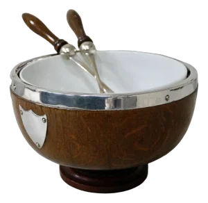 Victorian Oak & Silver-Plated Salad Bowl with Spoons, 1890s, Set of 3