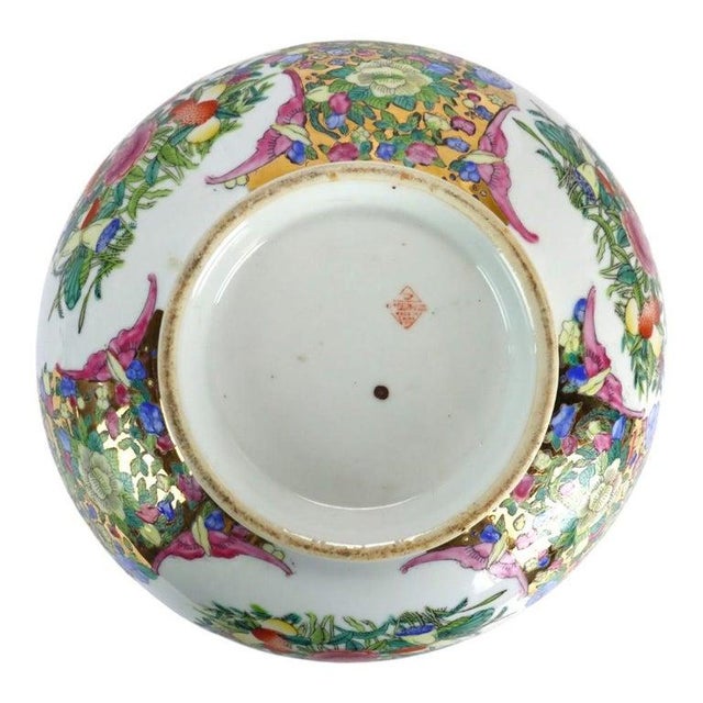 Oversized Chinese Rose Medallion Punch Bowl Flower Garden & Butterflies C1930 For Sale - Image 14 of 15