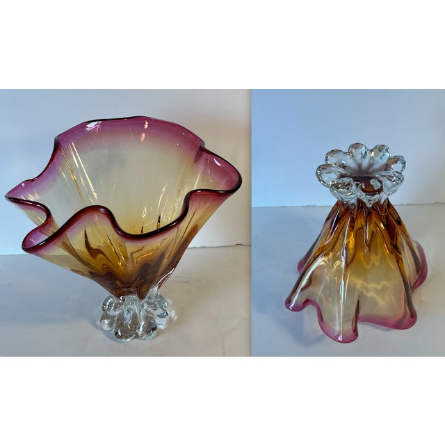 Art Glass Ruffled Vase Clear Base Amber Cranberry Ombre Effect For Sale - Image 11 of 12