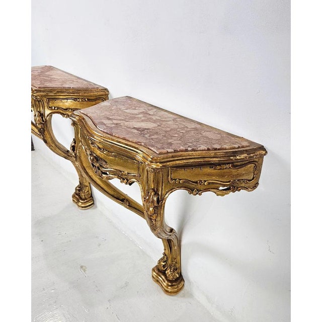 1930s Venetian Rococo Console Nightstands with Rosso Verona Marble, 1930s, Set of 2 For Sale - Image 5 of 15