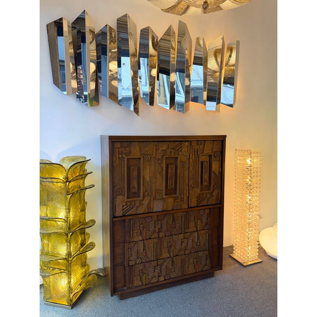 Mid-Century Modern brutalist wood handmade sculpture cabinet with doors and drawers inside, cupboard, high dresser, high...
