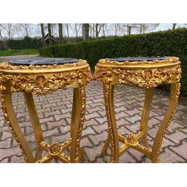Gold 1990 French Louis XVI Gold Beech Marble Side Tables -Pair For Sale - Image 8 of 10