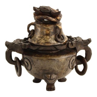 Fine Antique Chinese Spinach-Jade Censer / Incense Burner With Heavy Masculine Hand Carved Dragons For Sale