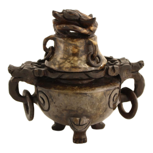 Fine Antique Chinese Spinach-Jade Censer / Incense Burner With Heavy Masculine Hand Carved Dragons