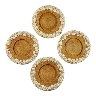 Vintage Wicker Charger Plates Rimmed With Sea Shells- Set of 4 Nautical For Sale