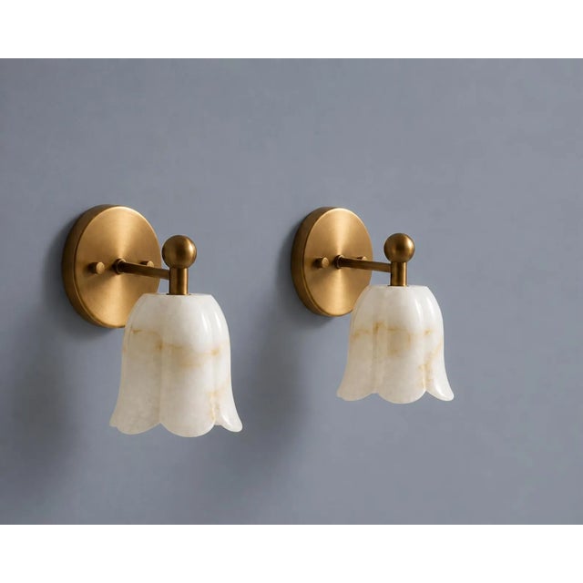 Brass Alabaster Flower Wall Sconces, Brass Ruffle Alabaster Flower Shade, Wall Sconce Marble Wall Light Pair of 2 For Sale - Image 6 of 11