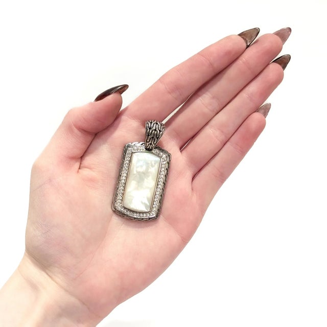 Modern John Hardy Silver Mother of Pearl and White Sapphire Naga Dog Tag Pendant For Sale - Image 3 of 11