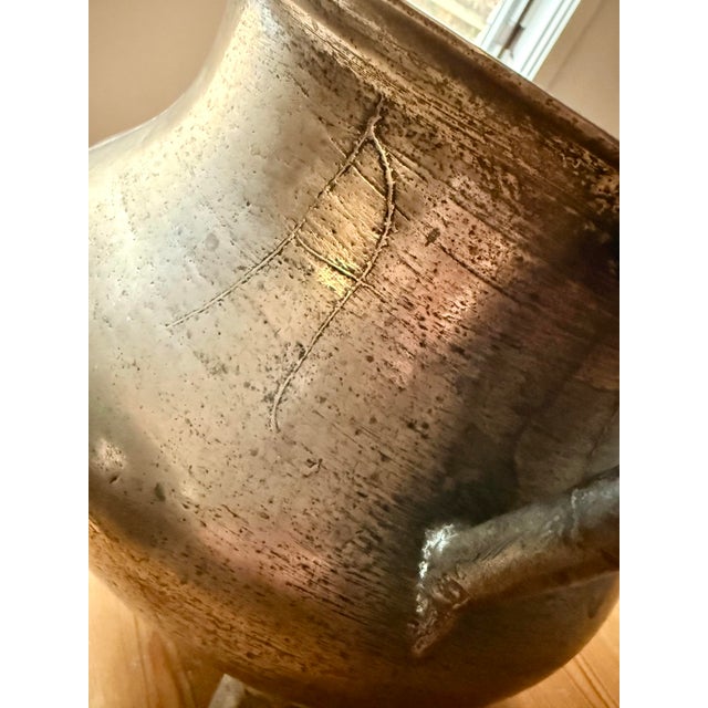 Antique Continental 1600s Bronze European Posnet, Cauldron Cast in Two Parts With Angular Handles and Tripod Feet, Maker’s Initials ‘A B’ For Sale - Image 4 of 12