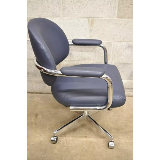 Vintage Chromcraft Mid Century Modern Blue Vinyl Rolling Office Desk Chair (A) For Sale - Image 10 of 10