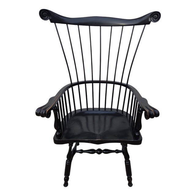 1990s Ethan Allen Black Windsor Chair Comb Back Philadelphia Armchair Saddle Seat For Sale