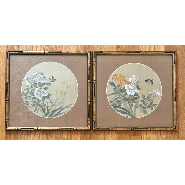 Vintage Framed Asian Botanic and Butterfly Original Gouache Watercolor Paintings, a Pair For Sale - Image 9 of 9