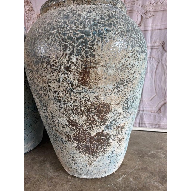 Stone Gray Large Rustic Textured Terracotta Amphora Vessels – Pair of Aged Mediterranean For Sale - Image 8 of 12