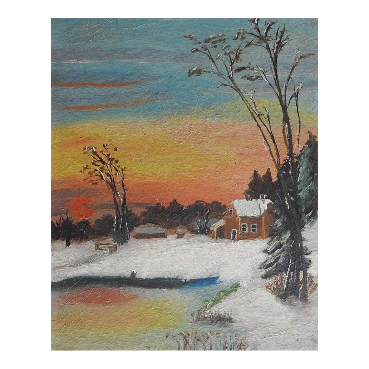 Early 20th Century Folk Art Farm in Winter Scene Painting | Chairish