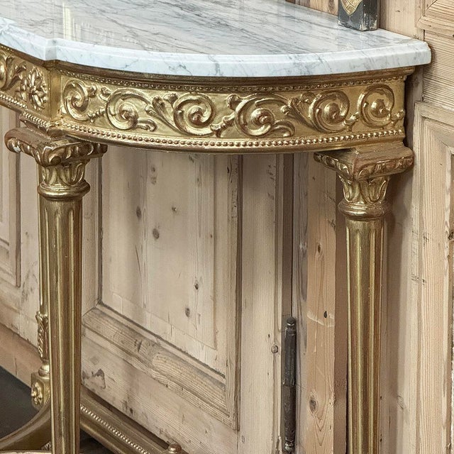 19th Century French Louis XVI Giltwood Carrara Marble Top Demilune Console For Sale - Image 15 of 18