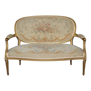 Fine Quality Giltwood Aubusson Upholstered French Louis XVI Style Settee
