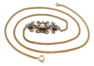 Late 19th Century Victorian 18k Gold & Silver Necklace W/ Emeralds, Pearl & Diamonds