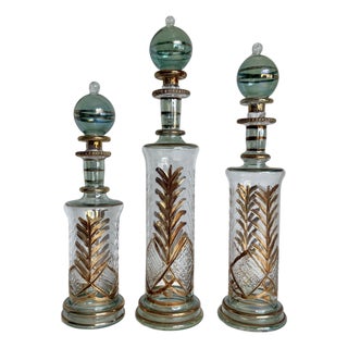 Vintage Set of 3 Hand-Blown Glass Perfume Apothecary Bottles and Stoppers For Sale