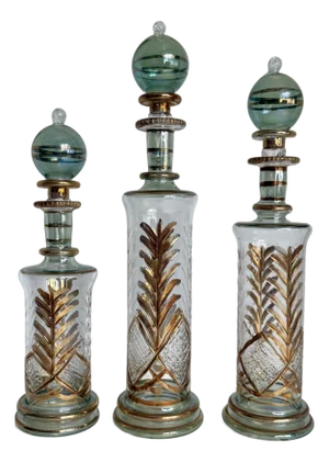 Vintage Set of 3 Hand-Blown Glass Perfume Apothecary Bottles and Stoppers
