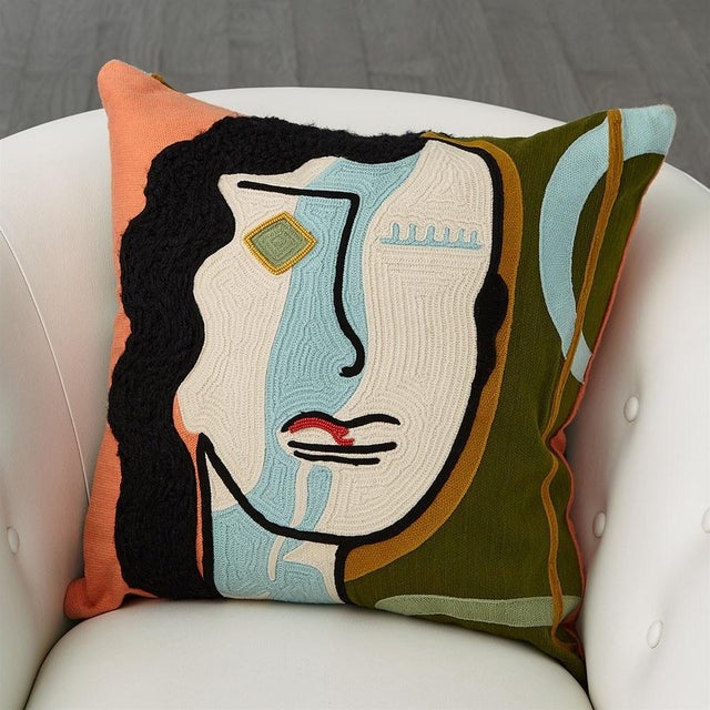 Abstract Global Views Veronica Pillow Hand Embroidered Abstract Portrait For Sale - Image 3 of 11