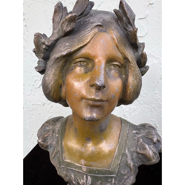 Metal Art Nouveau Polychrome Bust “Enid” of a Young Woman, European, C. 1900–1915 For Sale - Image 7 of 12