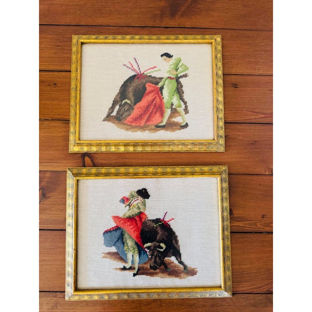 Vintage Pair of Framed Bull Fighting Matador Needlepoints- Needlepoint Matadors For Sale - Image 4 of 8