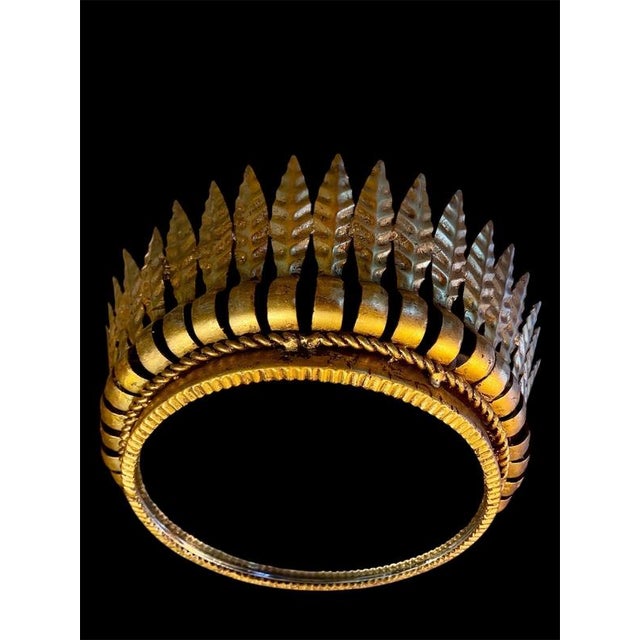 Large Spanish Crown Sunburst Fixture in Gilt Metal and Frosted Glass, 1950 For Sale - Image 6 of 10