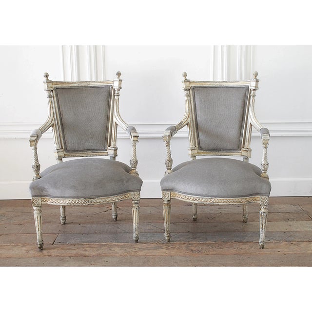 19th Century Painted and Upholstered Louis XVI Style Open Arm Fauteuils - a Pair For Sale - Image 13 of 13